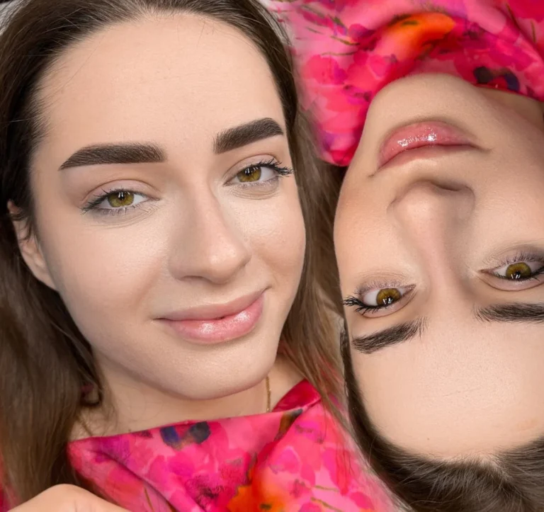 Smiling client with full, softly shaded powder brows