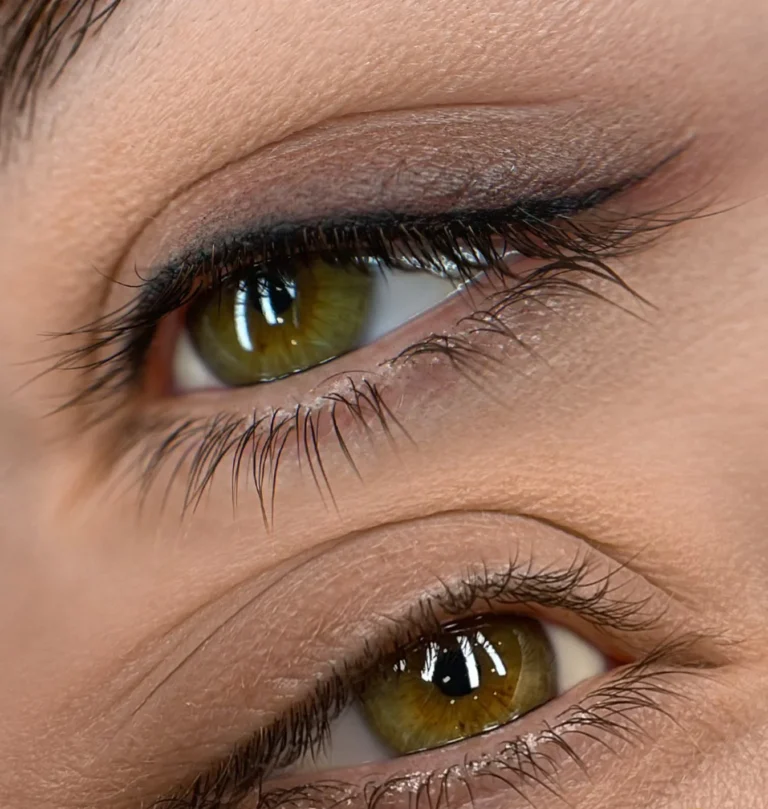 Close-up of green eyes with a fine permanent eyeliner along the lash line