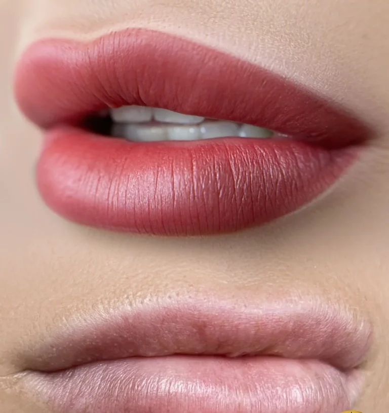 Close-up of lips with a soft rose-red lip pigmentation