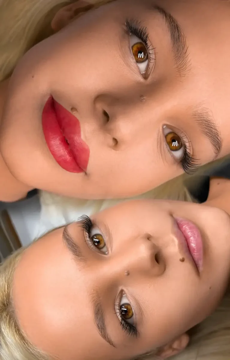 Two faces side by side; one client with bright red lip pigmentation